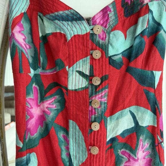 Farm Rio Dress XL Red Floral 100% Linen Tropical Summer Foliage Mini Resort - Picture 2 of 13